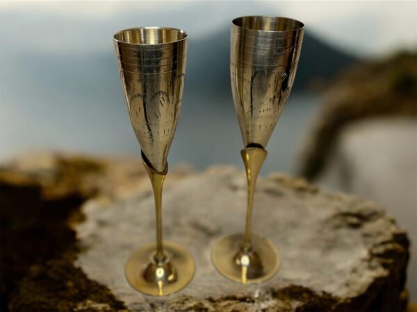Handmade Brass Wine Goblets – Set of 2 Engraved Flutes | TamraTrade - Image 3