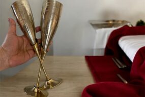 Handmade Brass Wine Goblets – Set of 2 Engraved Flutes | TamraTrade