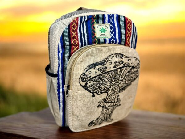 Handmade Printed Hemp Backpack – Lightweight, Durable, Travel Bag Hiking, School, College, Office Eco-Friendly Natural Nepal Bag 13" x 10" - Image 6