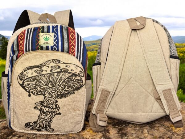 Handmade Printed Hemp Backpack – Lightweight, Durable, Travel Bag Hiking, School, College, Office Eco-Friendly Natural Nepal Bag 13" x 10" - Image 7