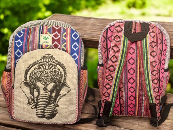 Handmade Printed Hemp Backpack – Lightweight, Durable, Travel Bag Hiking, School, College, Office Eco-Friendly Natural Nepal Bag 13" x 10" - Image 3