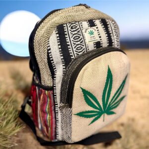 Handmade Printed Hemp Backpack – Lightweight, Durable, Travel Bag Hiking, School, College, Office Eco-Friendly Natural Nepal Bag 13" x 10"