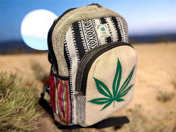 Handmade Printed Hemp Backpack – Lightweight, Durable, Travel Bag Hiking, School, College, Office Eco-Friendly Natural Nepal Bag 13" x 10"