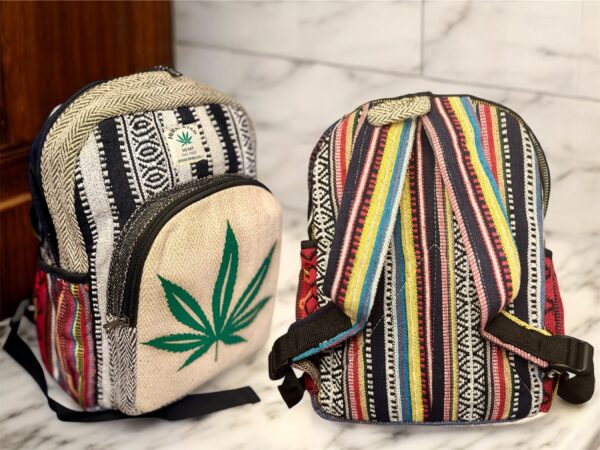 Handmade Printed Hemp Backpack – Lightweight, Durable, Travel Bag Hiking, School, College, Office Eco-Friendly Natural Nepal Bag 13" x 10" - Image 2