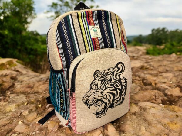 Large Handmade Printed Hemp Backpack – Lightweight, Durable, Travel Hiking, School, College, Office Eco-Friendly Natural Nepal Bag 17" x 12" - Image 4