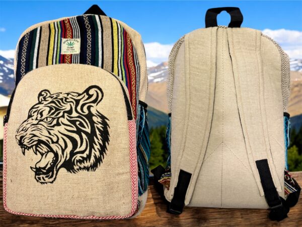 Large Handmade Printed Hemp Backpack – Lightweight, Durable, Travel Hiking, School, College, Office Eco-Friendly Natural Nepal Bag 17" x 12" - Image 3