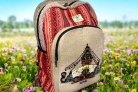 Large Handmade Printed Hemp Backpack – Lightweight, Durable, Travel Hiking, School, College, Office Eco-Friendly Natural Nepal Bag 17" x 12"