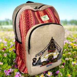 Large Handmade Printed Hemp Backpack – Lightweight, Durable, Travel Hiking, School, College, Office Eco-Friendly Natural Nepal Bag 17" x 12"