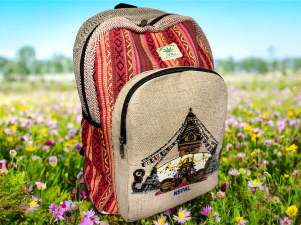 Large Handmade Printed Hemp Backpack – Lightweight, Durable, Travel Hiking, School, College, Office Eco-Friendly Natural Nepal Bag 17" x 12"