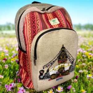 Large Handmade Printed Hemp Backpack – Lightweight, Durable, Travel Hiking, School, College, Office Eco-Friendly Natural Nepal Bag 17" x 12"