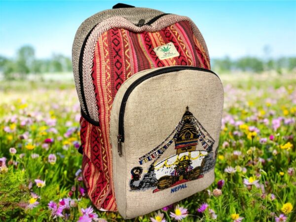 Large Handmade Printed Hemp Backpack – Lightweight, Durable, Travel Hiking, School, College, Office Eco-Friendly Natural Nepal Bag 17" x 12"