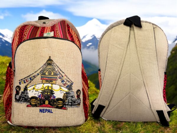 Large Handmade Printed Hemp Backpack – Lightweight, Durable, Travel Hiking, School, College, Office Eco-Friendly Natural Nepal Bag 17" x 12" - Image 2
