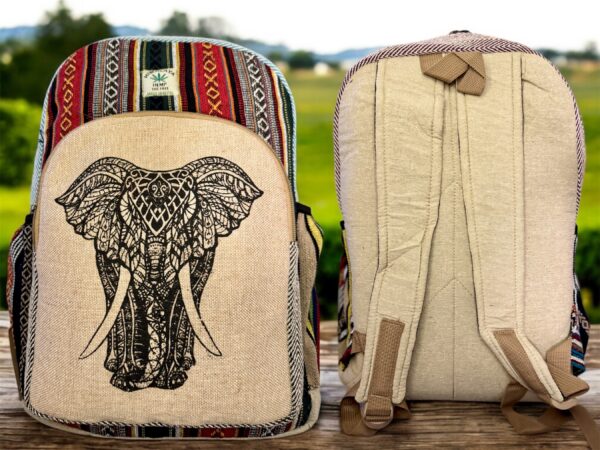Large Handmade Printed Hemp Backpack – Lightweight, Durable, Travel Hiking, School, College, Office Eco-Friendly Natural Nepal Bag 17" x 12" - Image 6
