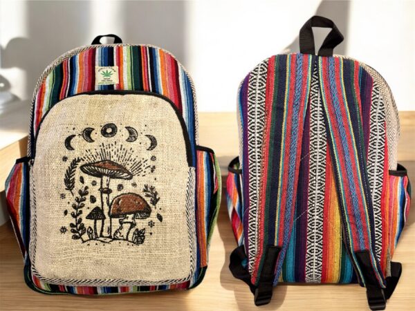 Large Handmade Printed Hemp Backpack – Lightweight, Durable, Travel Hiking, School, College, Office Eco-Friendly Natural Nepal Bag 17" x 12" - Image 8