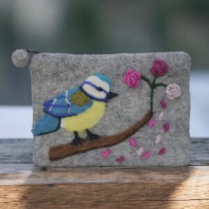 Handmade Felt Coin Purse for Women – Zipper Wool Pouch Wallet – Bird Flower Embroidered Boho Eco-Friendly Bag – Small Gift Idea from Nepal
