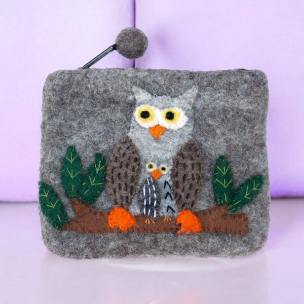 Handmade Felt Owl Coin Purse from Nepal – Cute Animal Zipper Wallet with Baby Owl – Nature Clutch Bag – Gift for Her, Kids, Owl Lover - Image 3