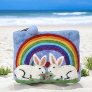 Hand-Embroidered Bunny Rainbow Coin Purse from Nepal – Wool Felt Zip Pouch | Handmade Animal Lover Gift | Easter Accessory | Cute Rabbit Bag