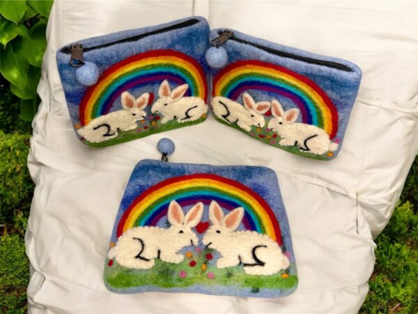 Hand-Embroidered Bunny Rainbow Coin Purse from Nepal – Wool Felt Zip Pouch | Handmade Animal Lover Gift | Easter Accessory | Cute Rabbit Bag - Image 2