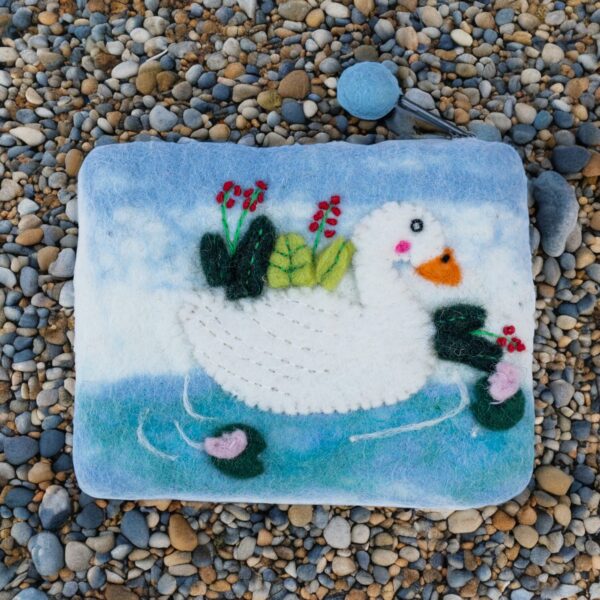 Felt Swan Purse Made in Nepal, Handcrafted Coin Pouch, Embroidered Bird Gift, Eco Friendly Wool Wallet, Nature Lover Accessory